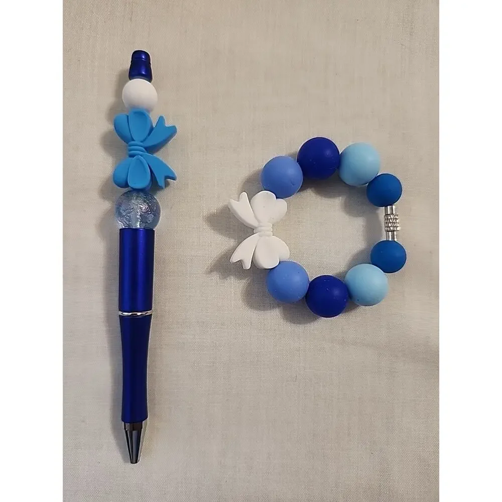 Bead Pen & Cup Charm Matching Combo Blue & White Bows Silicone Beads